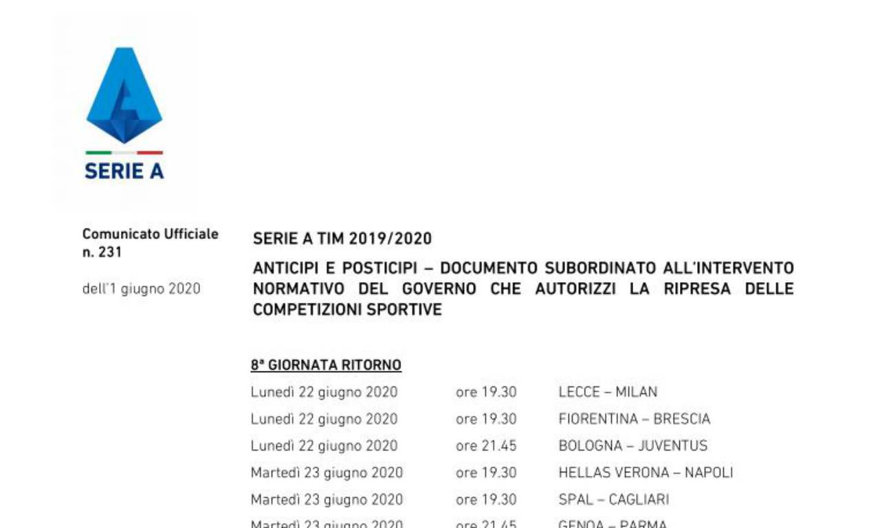 Calendario Ripresa Serie A Date E Orari Di Tutte Le Partite